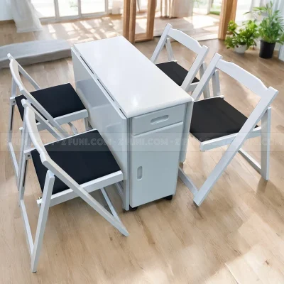 bộ bàn ăn thông minh gấp gọn 4 ghế màu trắng ghế có nệm cực kỳ tiết kiệm diện tích cho căn hộ chung cư có phong cách hiện đại mà diện tích nhỏ