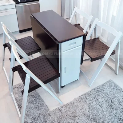bộ bàn ghế ăn thông minh gấp gọn 4 ghế màu trắng nâu thiết kế hiện cho chung cư căn hộ nhỉ