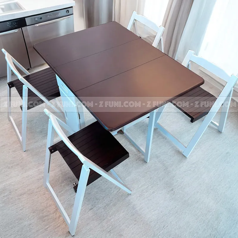 bộ bàn ăn thông minh gấp gọn 4 ghế màu trắng nâu thiết kế 2 cánh xếp gọn gọn được phù hợp cho chung cư căn hộ