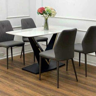Bộ bàn ghế ăn cho chung cư căn hộ 4 người ngồi thiết kế khung chân sắt hình chữ và mặt bàn đá ceramic