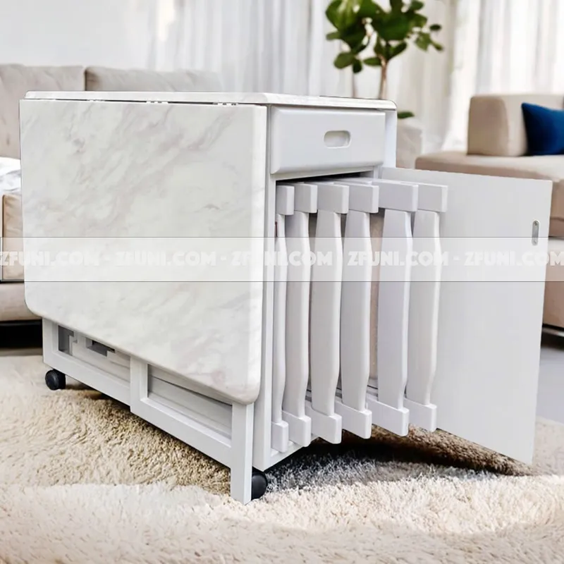 bộ bàn ăn gấp gọn thông minh mặt đá cho 6 đến 8 người bàn dài 1m5 có khả năng gấp gọn gắn thêm bánh xe dễ dàng di chuyển