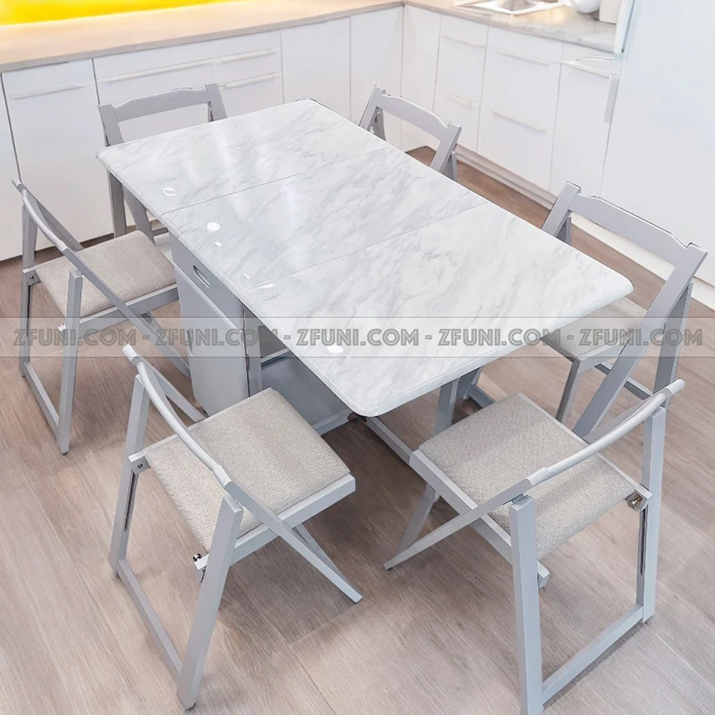 bộ bàn ăn thông minh mặt đá gấp gọn ngồi được 6 ghế với chất liệu gỗ tự nhiên kết hợp với mặt bàn đá gấp gọn cực kỳ hiện đại sang trọng vì khả năng xếp gọn tiết kiệm diện tích nên cực kỳ phù hợp cho các chung cư căn hộ nhỏ hiện nay