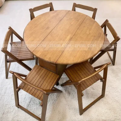 bàn ăn tròn thông minh gấp gọn 6 ghế màu nâu óc chó bàn có đường kính 1.2m ngồi được 6 đến 8 ghế bàn có gắn bánh xe cực kỳ tiện lợi trong việc di chuyển như đãi tiệc tùng tân gia hay hội nghị