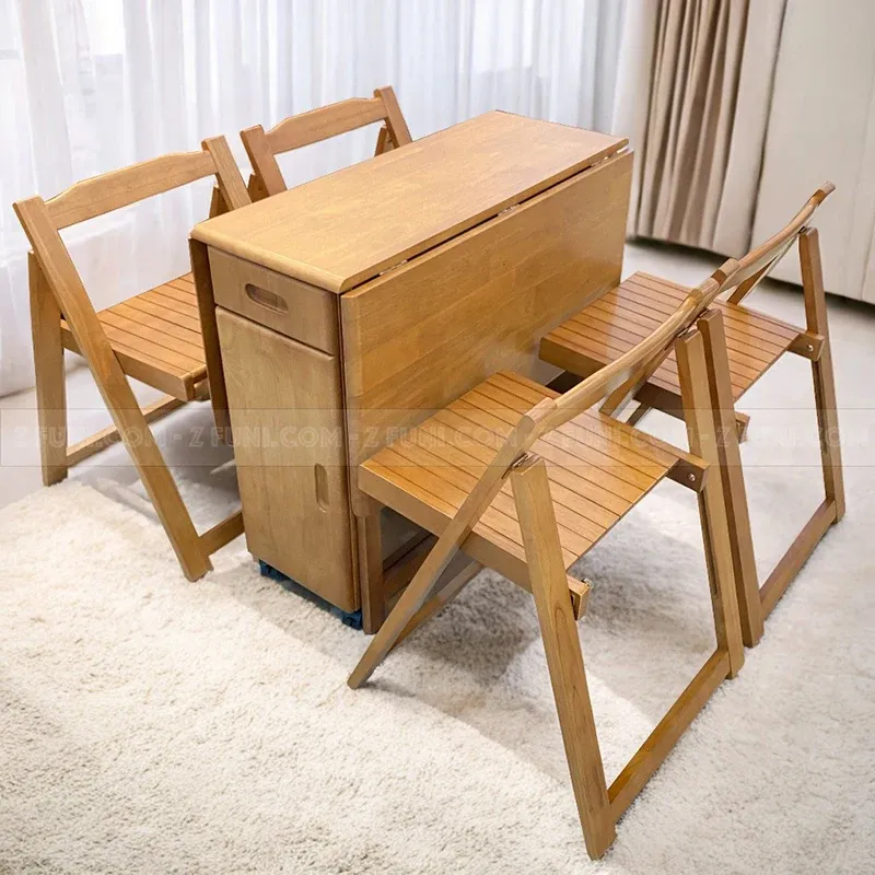 bộ bàn ăn gấp gọn 4 ghế thiết kế thông minh xếp được 2 cánh và bỏ được 4 ghế trong hộc bàn tích hợp gắn thêm 4 bánh xe để tiện di chuyển với bàn ăn gấp này rất phù hợp cho nhà có diện tích nhỏ hẹp