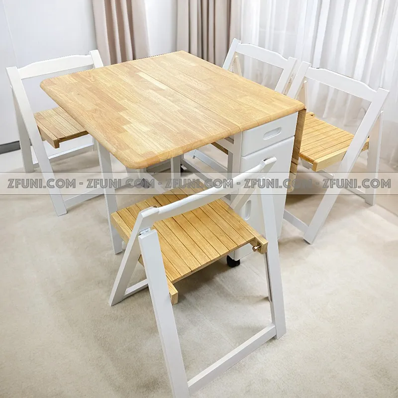 bàn ăn xếp gọn 4 ghế cho nhà màu trắng gỗ tiết kiệm diện tích cho nhà chật hẹp