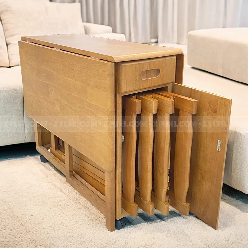 bàn ăn xếp gọn 4 ghế màu nâu óc chó cho nhà nhỏ bàn dài 1.2m có khả năng xếp gọn 2 cánh có gắn bánh xe tiện trong việc di chuyển chất liệu gỗ tự nhiên không sợ thấm nước