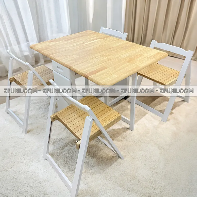 bộ bàn ăn thông minh gấp gọn 4 ghế gỗ tự nhiên màu trắng gỗ cho nhà nhỏ