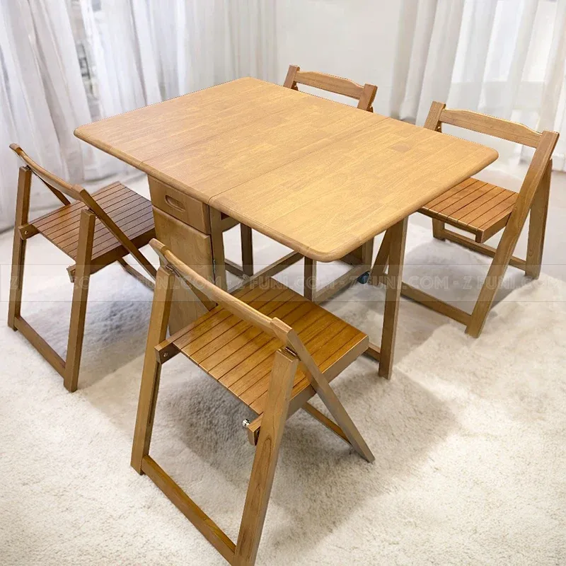 bộ bàn ghế ăn thông minh xếp gọn 4 ghế bàn dài 1.2m chất liệu gỗ tự nhiên màu nâu óc chó cho nhà nhỏ