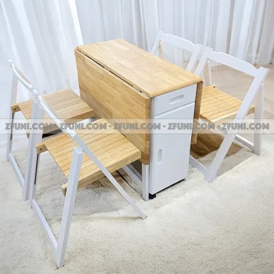 bộ bàn ghế ăn thông minh xếp gọn 4 ghế màu trắng gỗ với chất liệu gỗ tự nhiên bàn có kích thước dài 1.2m ngồi được 4 người thiết kế xếp gọn 2 cánh vô cùng tiện lợi