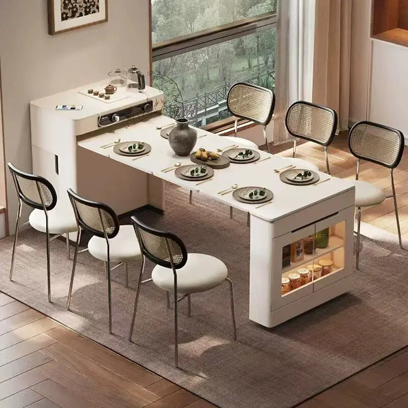 Bàn đảo bếp gấp gọn kết hợp bàn ăn thông minh bố trí 6 ghế ngồi giải pháp tiết kiệm diện tích cho nhà nhỏ