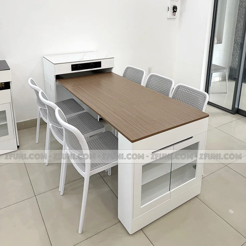 bàn ăn thông minh gấp gọn kết hợp tủ đảo bếp áp tường tiết kiệm diện tích cho nhà nhỏ