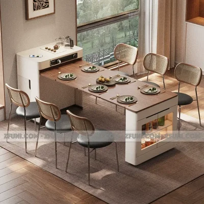 bàn ăn thông minh gấp gọn 6 ghế thiết kế áp tường chứa nhiều hộc tủ đồ kích thước xếp gọn 50cm kéo dài ra 1m6