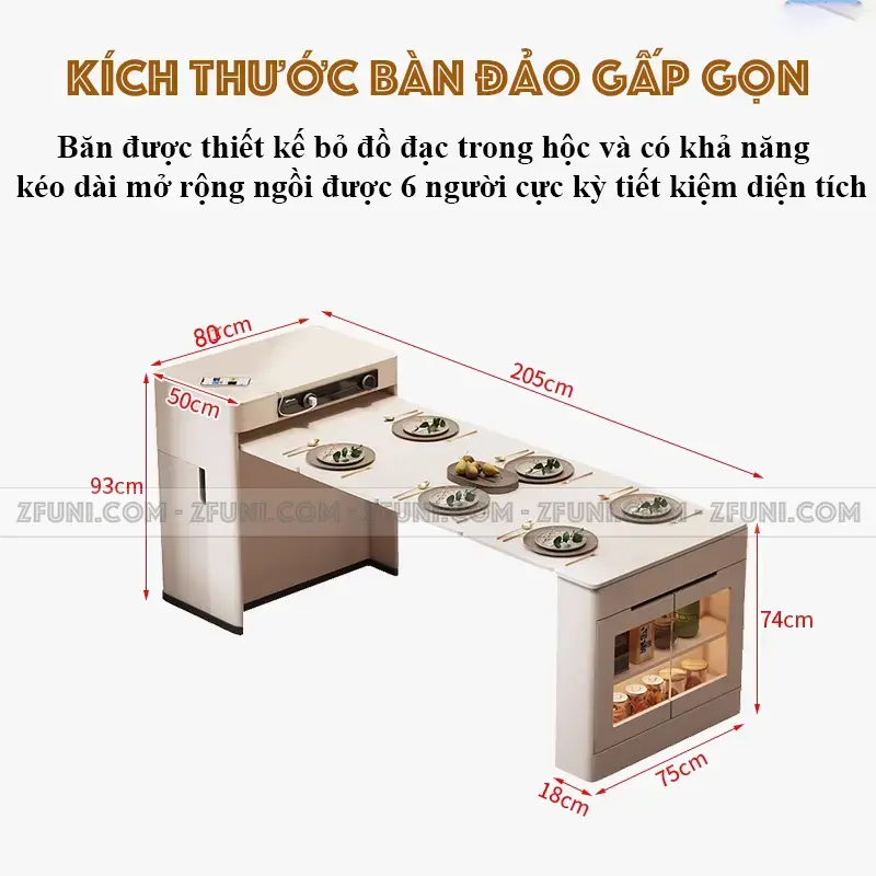 Kích thước bàn đảo bếp gấp gọn kết hợp bàn ăn